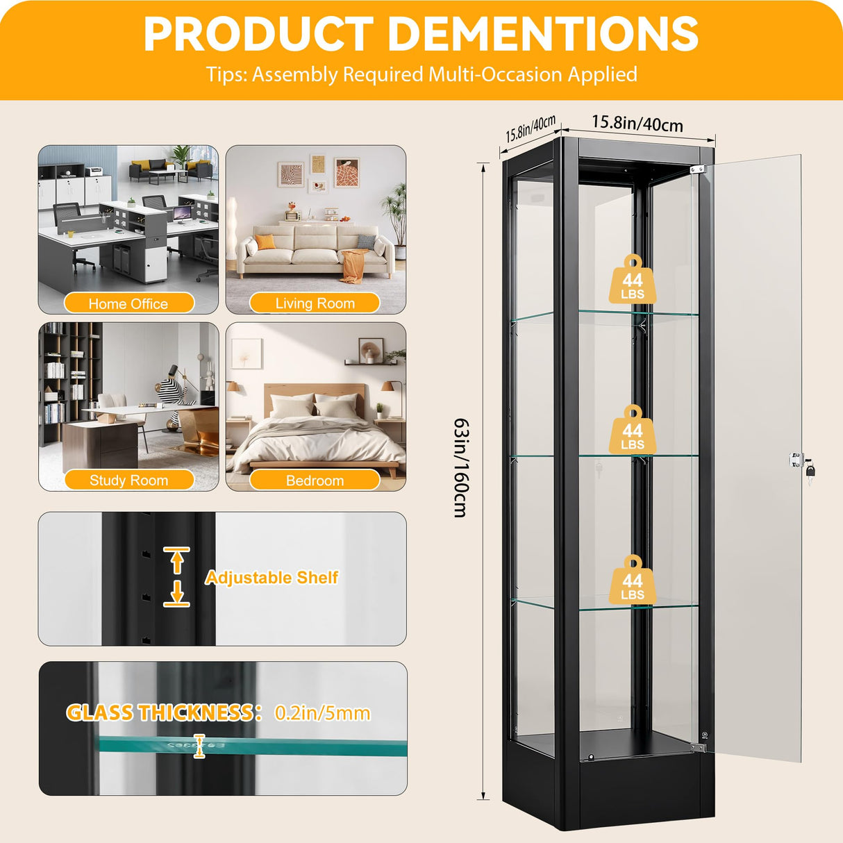 Foreate 4-Tier Glass Display Cabinet Case with 13 Colors Light & Lock, 63" Curio Cabinet with Glass Door & Adjustable Shelves, Thickened 5MM Tempered Glass Collectibles Display Case Bookshelf, Black Foreate