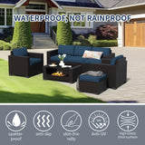 7 Piece Patio Furniture Set, Wicker Outdoor Sectional Sofa with Washable Cushion Covers and Tempered Glass Table, Rattan Conversation Set for Poolside (Black Rattan + Prussian Blue, 7 pcs) SHGJ&SOFT