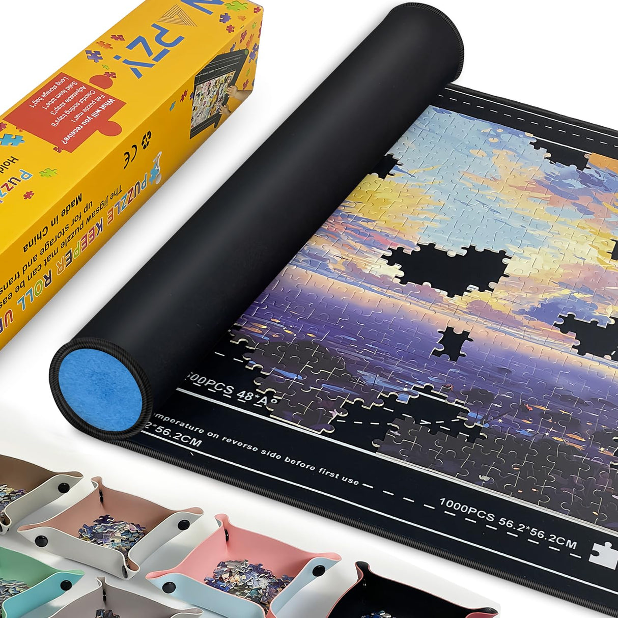 GOECI Puzzle Board 1500 Pieces, Rubber Puzzle Mat, Puzzle Mats for Jigsaw Puzzles 1000, Puzzles Board Roll Up to 1500pcs with 6 Sorting Trays Jigsaw Puzzles Mat Roll Up Jigsawn Pad Saver Keeper GOECI