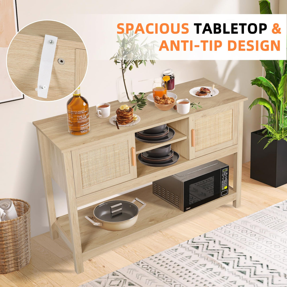 LAZZO 47" Rattan Console Table - Multi-Functional Narrow Entryway & Sofa Table with Storage Cabinets and Drawers LAZZO