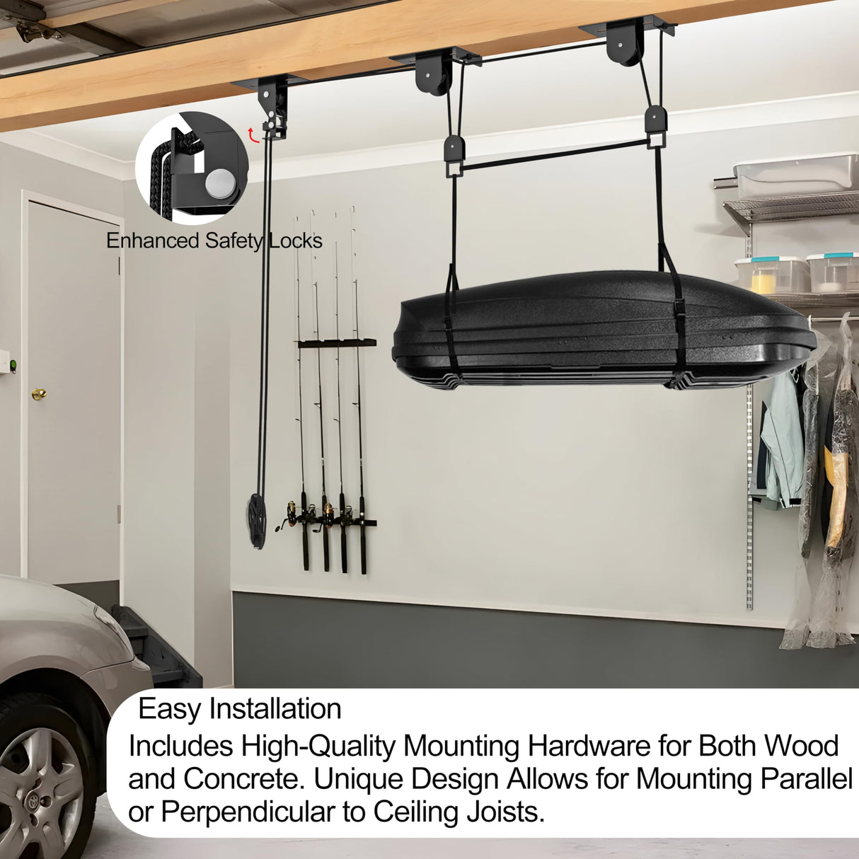 TRUSOON 2025 Upgrade Cargo Box Garage Pulley System, Garage Ceiling Hoist Heavy-Duty Holds up to 150 lbs Capacity, Fit 10-14 Foot Ceilings, Black TRUSOON