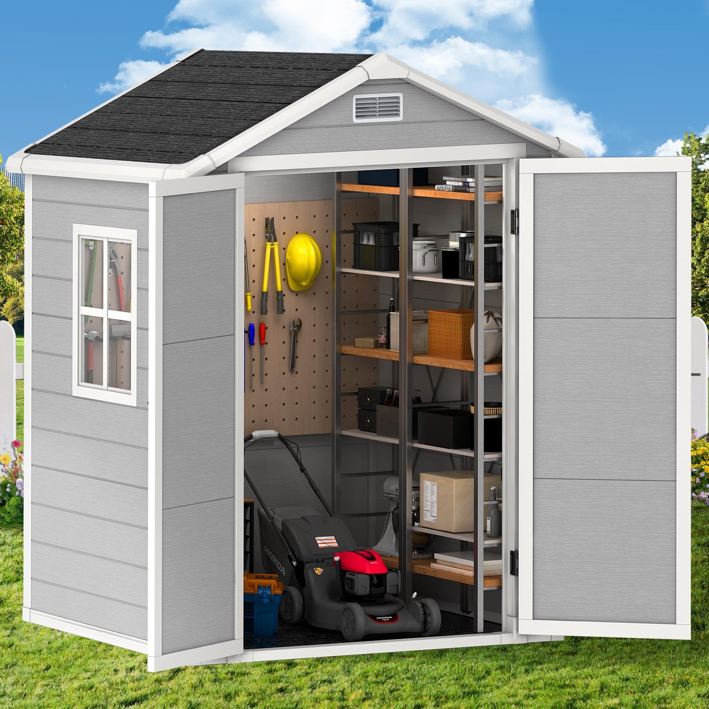 Outdoor Storage Shed, 6x4.4 FT Resin Shed with Floor, Weather-Resistant Plastic Garden Shed with Window, Lockable & Vents, for Garden Tool Outside Sheds, Bike Shed, Backyard Shed (Grey)