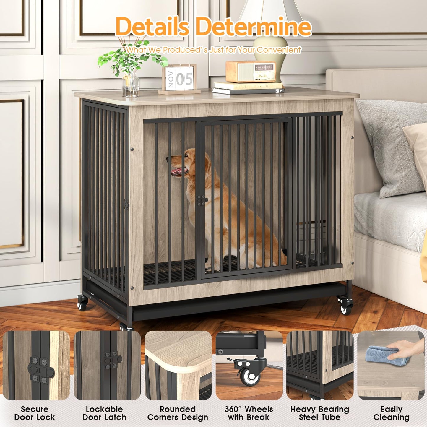 Advwin Dog Crate Funiture Style,Wooden Kennel Indoor with Removable Tray, 2 Doors, Heavy Duty Sturdy Corner End Table, Cage for Small Medium Large Dogs, 38.6" L x 23.4" W x 32" H, Beige