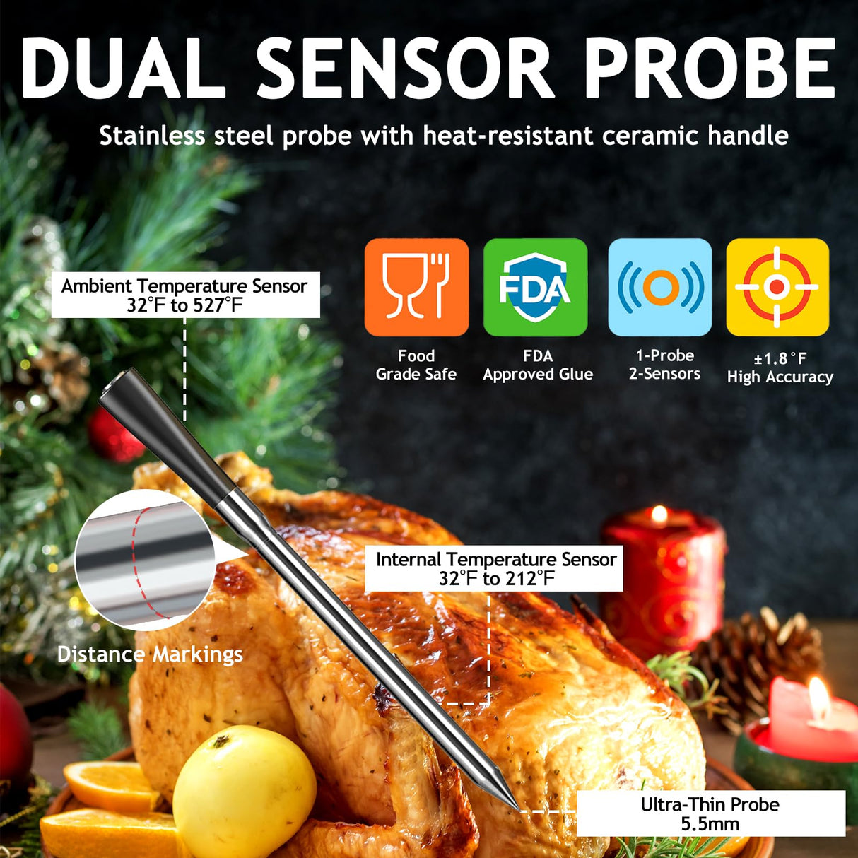 Meat Thermometer Digital Wireless with 800ft Range, Bluetooth 5.3 Food Thermometer with Dual-Temperature Probe, LCD Display and App&Case Setting for Grilling Smoking Cooking JOPCPIE