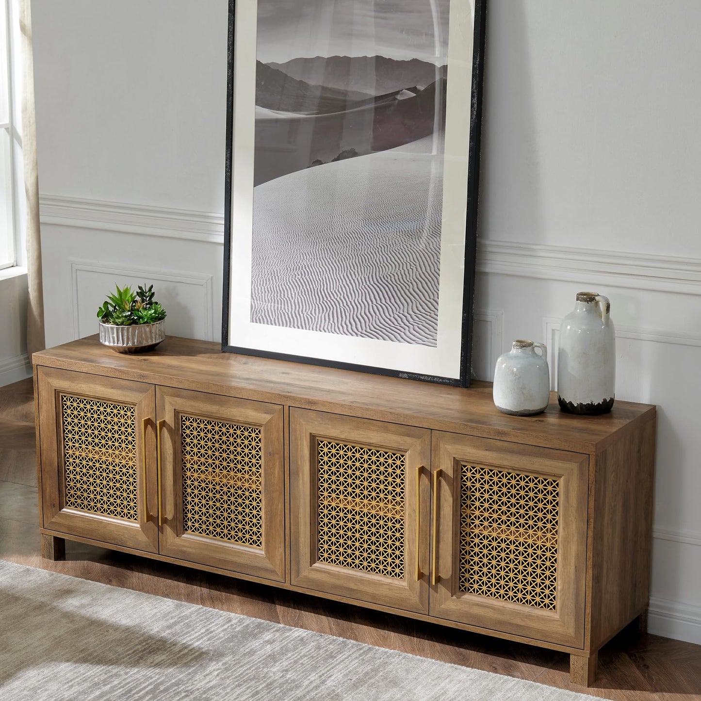 JYED Mid Century Modern TV Stand for TVs up to 75 Inch, with Hollow Metal Mesh Decorated，Boho TV Console with Storage Cabinet,Cable Holes, TV Stand for Living Room, 69.5"x15.6"x24.8", Rustic - WoodArtSupply