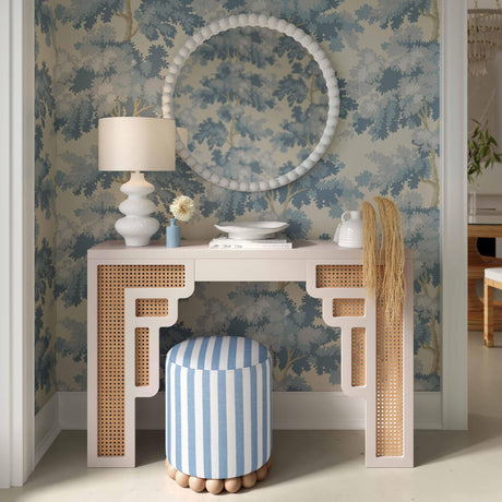 Tov Furniture Dex Pastel Blue Striped Linen Round Ottoman with Wooden Base Tov Furniture
