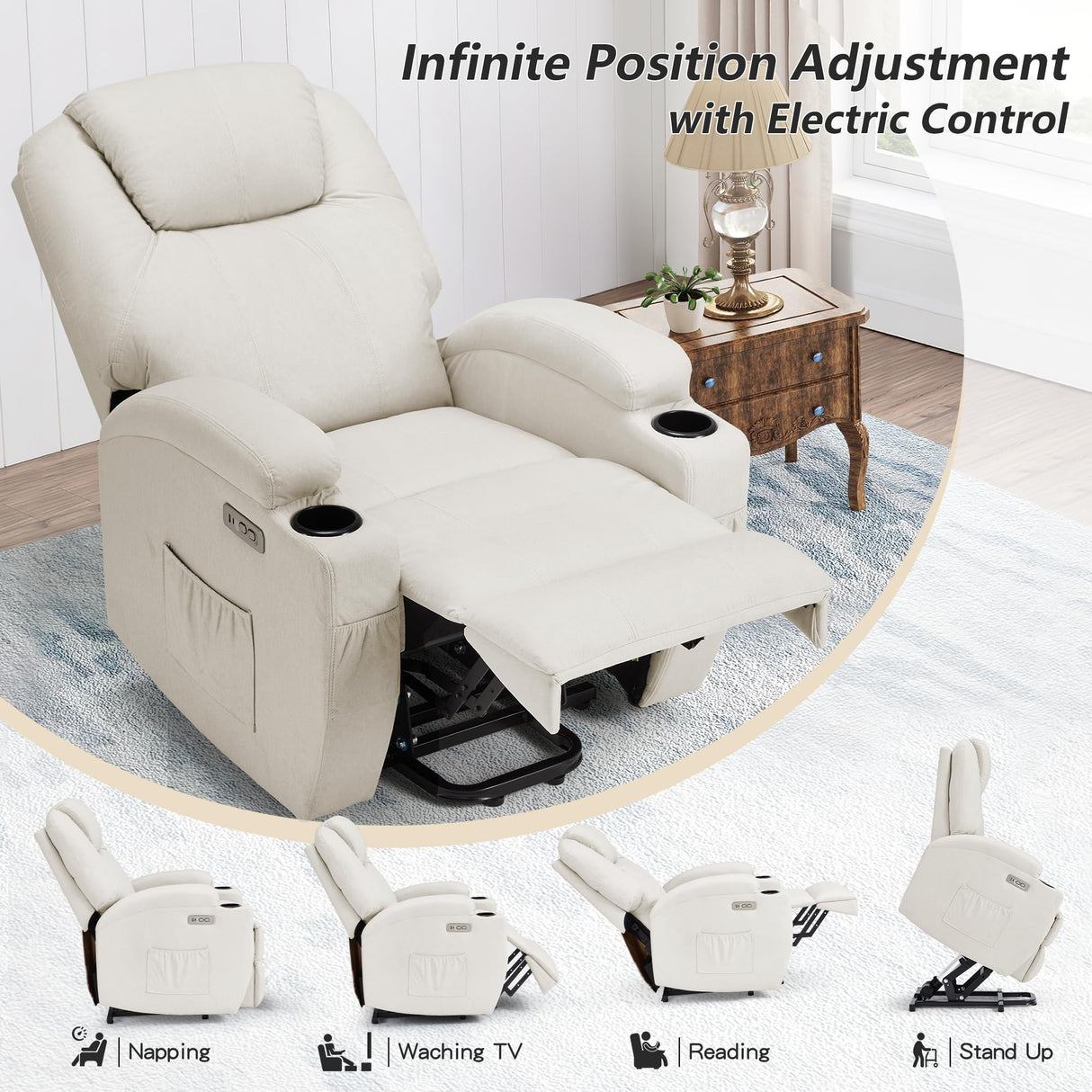 Esright Power Lift Recliner Chair for Elderly, Electric Lift Chair Sofa with Side Pockets, USB & Type-C Ports, Cup Holders, Beige, Fabric Esright
