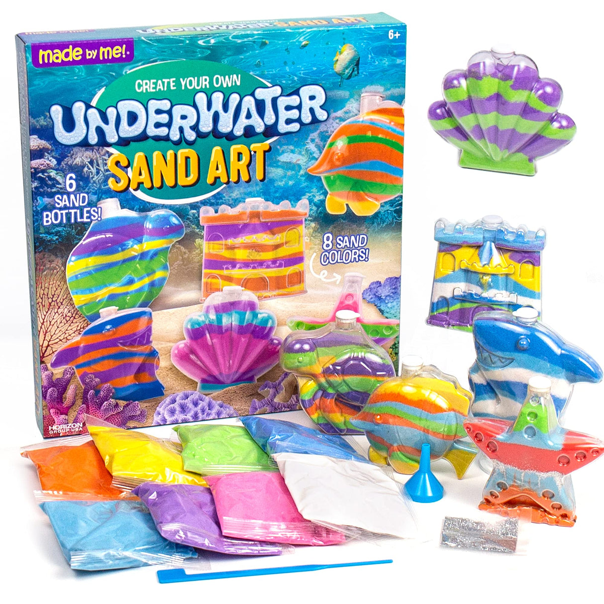 Made By Me Create Your Own Underwater Sand Art, Includes 6 Ocean-Themed Bottles, 8 Sand Colors, Glitter, & Funnel, Great Staycation or Group Activity, Party Idea, DIY Sand Art For Kids Ages 6, 7, 8, 9 Made By Me
