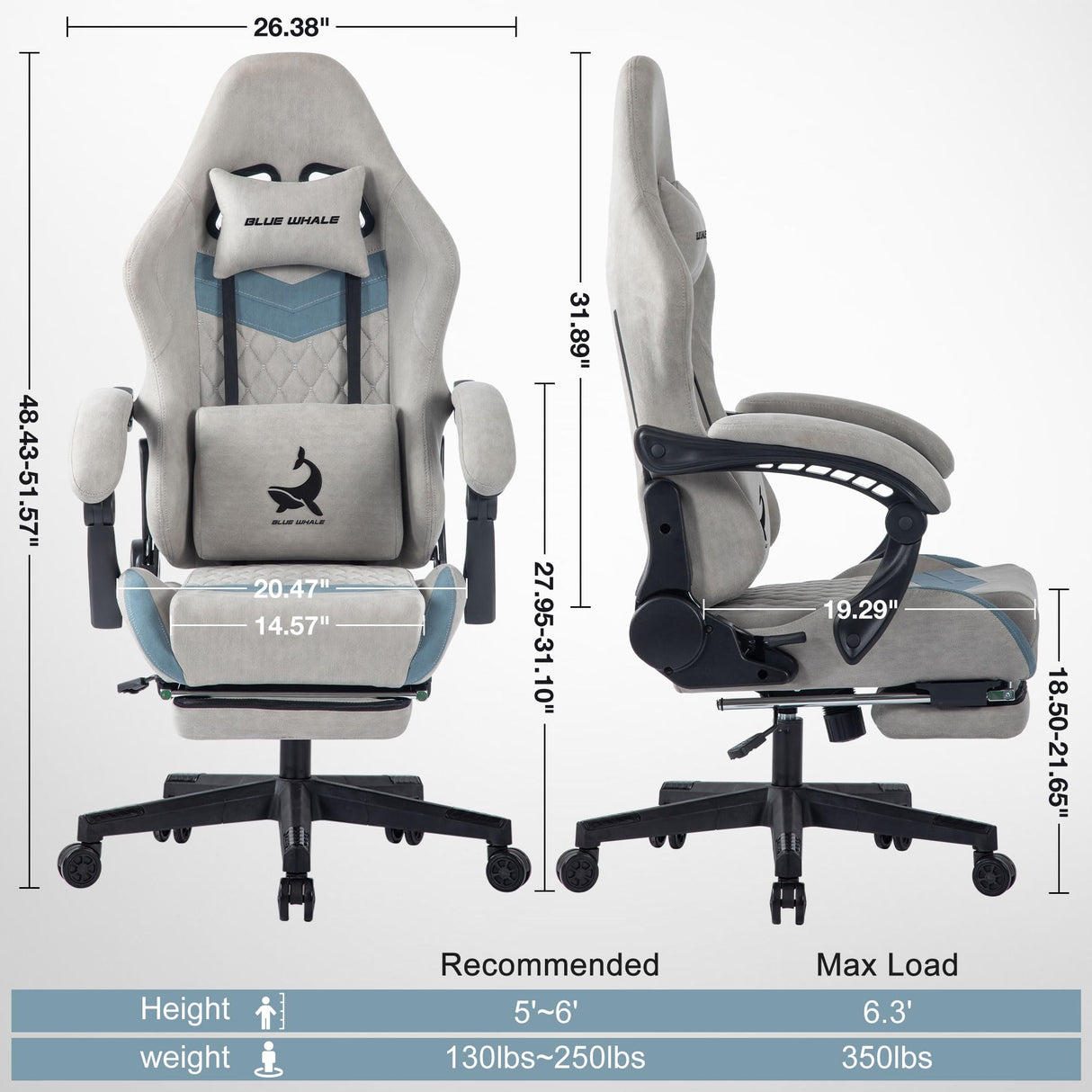 Blue Whale Gaming Chair for Adult 350lbs Computer Chair with Adjustable Lumbar Support Headrest and Footrest Large Size Reclining Gaming Chair Big and Tall Linkage Armrest Computer Chair Grey Blue Whale
