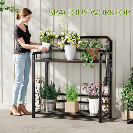 EHONXI Potting Bench, Outdoor Potting Table with 4 Side Hooks, All-Weather Gardening Table Work Station, Outside Garden Workbench, 505lbs Capacity, 18" D x 39" W x 44" H, Distressed Vintage Black EHONXI