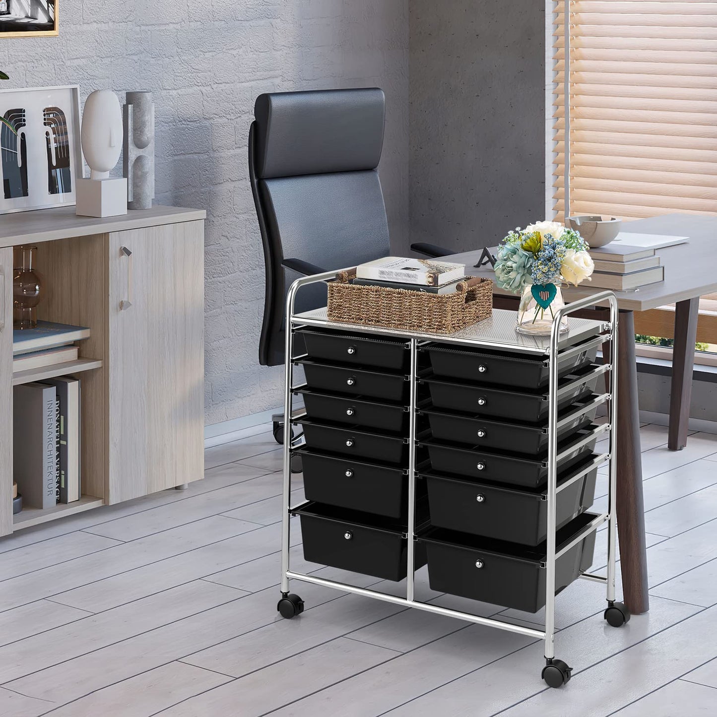 COSTWAY 12-Drawer Rolling Storage Cart, Moveable Art Craft Organizer W/Lockable Wheels, Metal Shelf, Files Arrangement Tools Makeup Storage Cart for Office, Home, School (Black) - WoodArtSupply