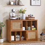 LEYAOYAO Large Record Player Stand with Vinyl Storage Up to 450 Albums, Wood Rattan Boho Record Storage Accent Cabinet, Modern Stereo Media Cabinets, Wide Turntable Stand for Living Room, Tea Brown LEYAOYAO