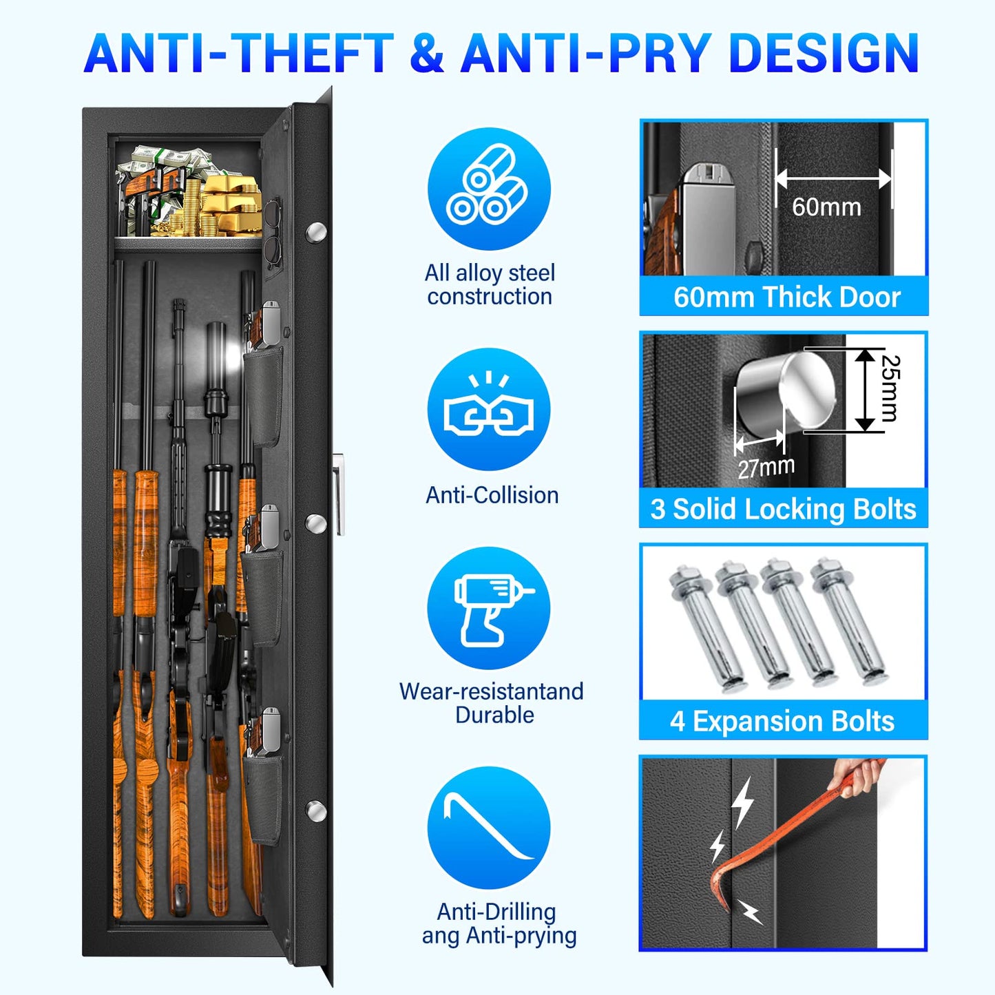 Fireproof Gun Safes for Home Rifle and Pistols, Heavy Duty Anti-Theft Long Gun Safes for Rifles and Shotguns with 3 Pistol Pockets, Gun Safe Rifle with LCD Digital Screen Removable Shelf(US Stock)