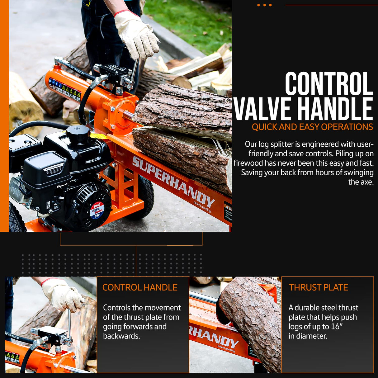 SuperHandy Log Splitter, 20 Ton, Gas Powered 7 HP Engine, Automatic Wood Splitting Wedge Machine, Commercial Quality for Fireplace Burning firewood SuperHandy