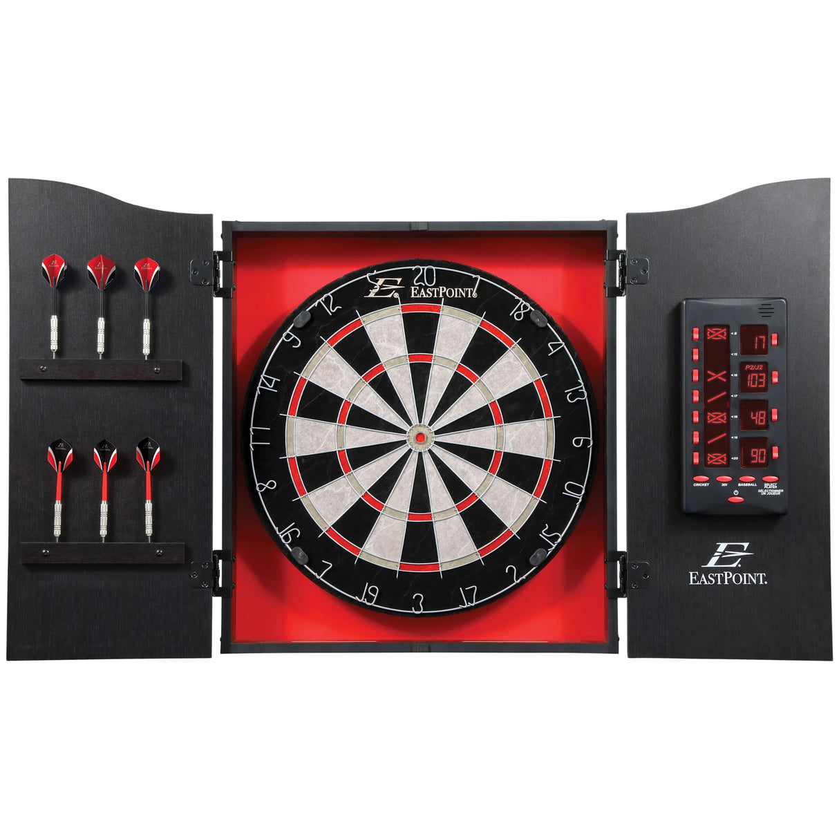 EastPoint Sports Tournament Bristle Dartboard and Easy Hang Cabinet with Electronic Scoreboard and 6 Steel Tip Darts EastPoint Sports