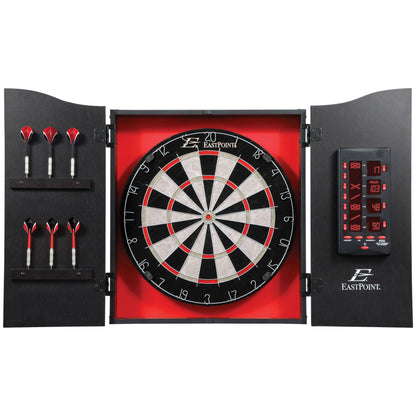 EastPoint Sports Tournament Bristle Dartboard and Easy Hang Cabinet with Electronic Scoreboard and 6 Steel Tip Darts - WoodArtSupply