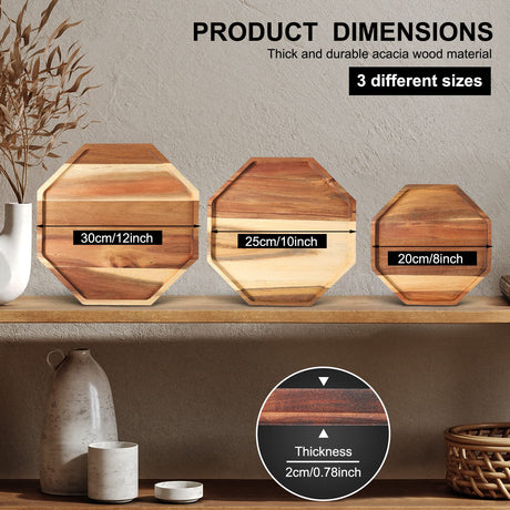 Set of 3 Acacia Wood Serving Trays (8'' 10'' 12'') Octagon Wooden Home Decor Platters for Fruit, Vegetables, Dessert, Cheese, Appetizer Serving Tray, Party Entertaining, Charcuterie Board Fumete