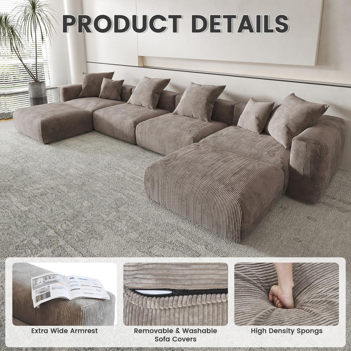 Sdorens 141.73" Modular Sectional Sofa Cloud Couch, L Shaped Sofa with Ottoman, Corduroy Couch with 5 Pillows, Oversized Corduroy Sectional Couches for Living Room, Washable Cover, Brown Sdorens
