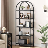 Klysiora 5 Tier Arched Bookcase Shelf Tall Bookcase with Storage Vertical Display Shelf Rack Modern Bookcase Wood and Metal Storage Shelving Unit for Bedroom, Living Room, Home Office, Black Klysiora