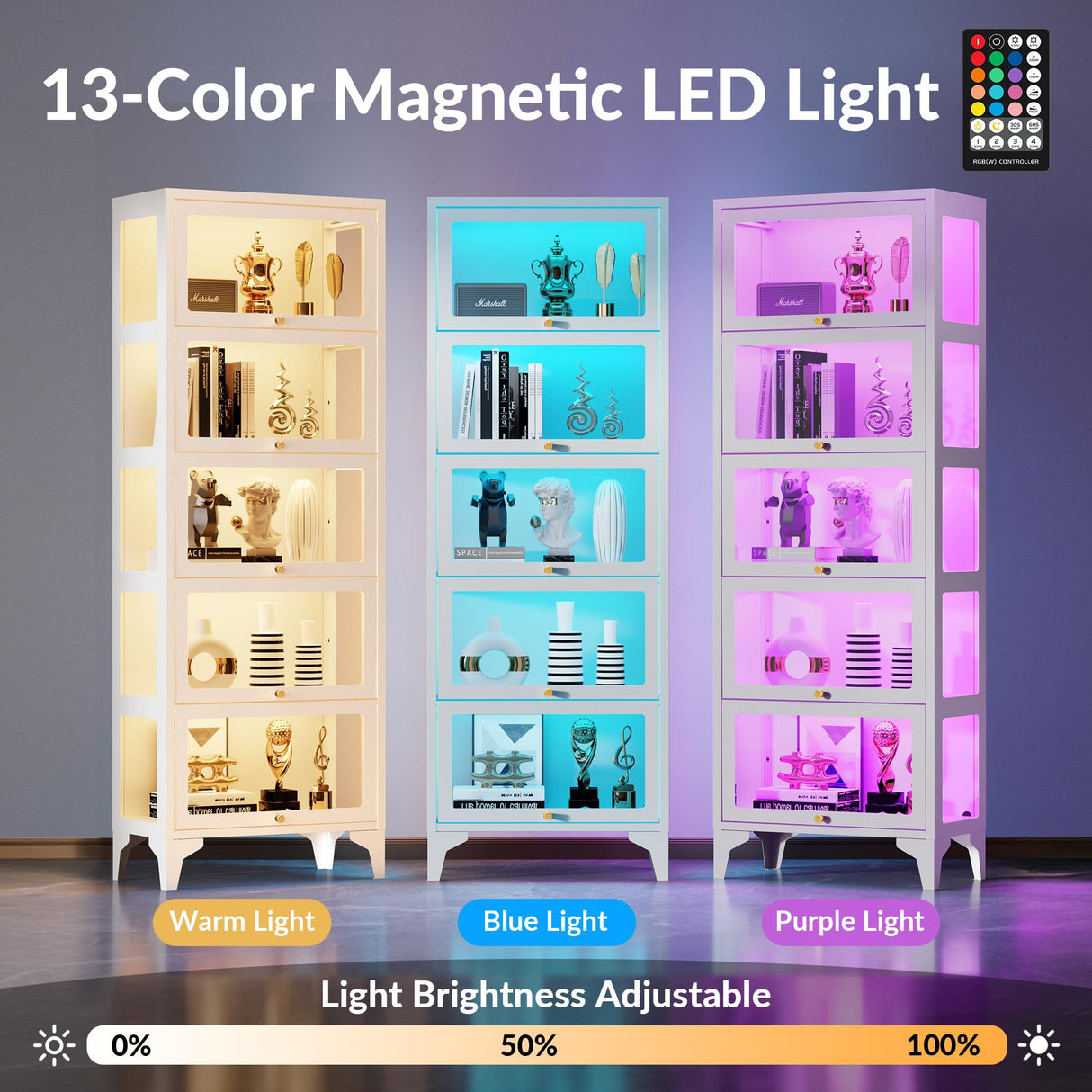 Lucky Monet Curio Display Cabinet with 13 Color Lights, 67" 5-Tier Glass Display Cases for Collectibles, Metal Display Shelf with 3 Side Glass, Figure Storage Cabinet, White (White, 5-Tier) Lucky Monet