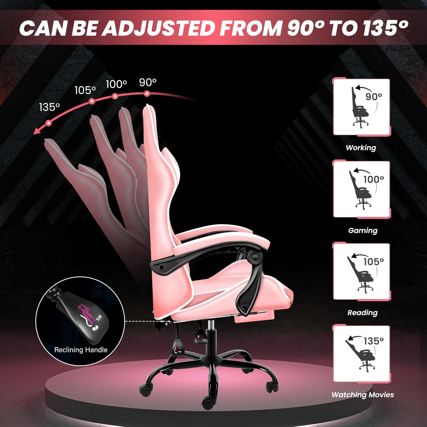 YSSOA Gaming Chair, Computer Chair with Footrest, Height Adjustable & 90°-135° Tilt Function, Swivel Recliner Ergonomic Racing Style Video Game Chair with Lumbar Support (Pink/White)