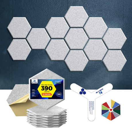 Dexmoko Self-Adhesive Acoustic Panels [390 lbs/yd³ Ultra-High Density], 2nd Generation Sound Absorbing Panel, Professional Level Sound Panel, Polyester Soundproof Foam [Size L, Silver Grey] Dexmoko