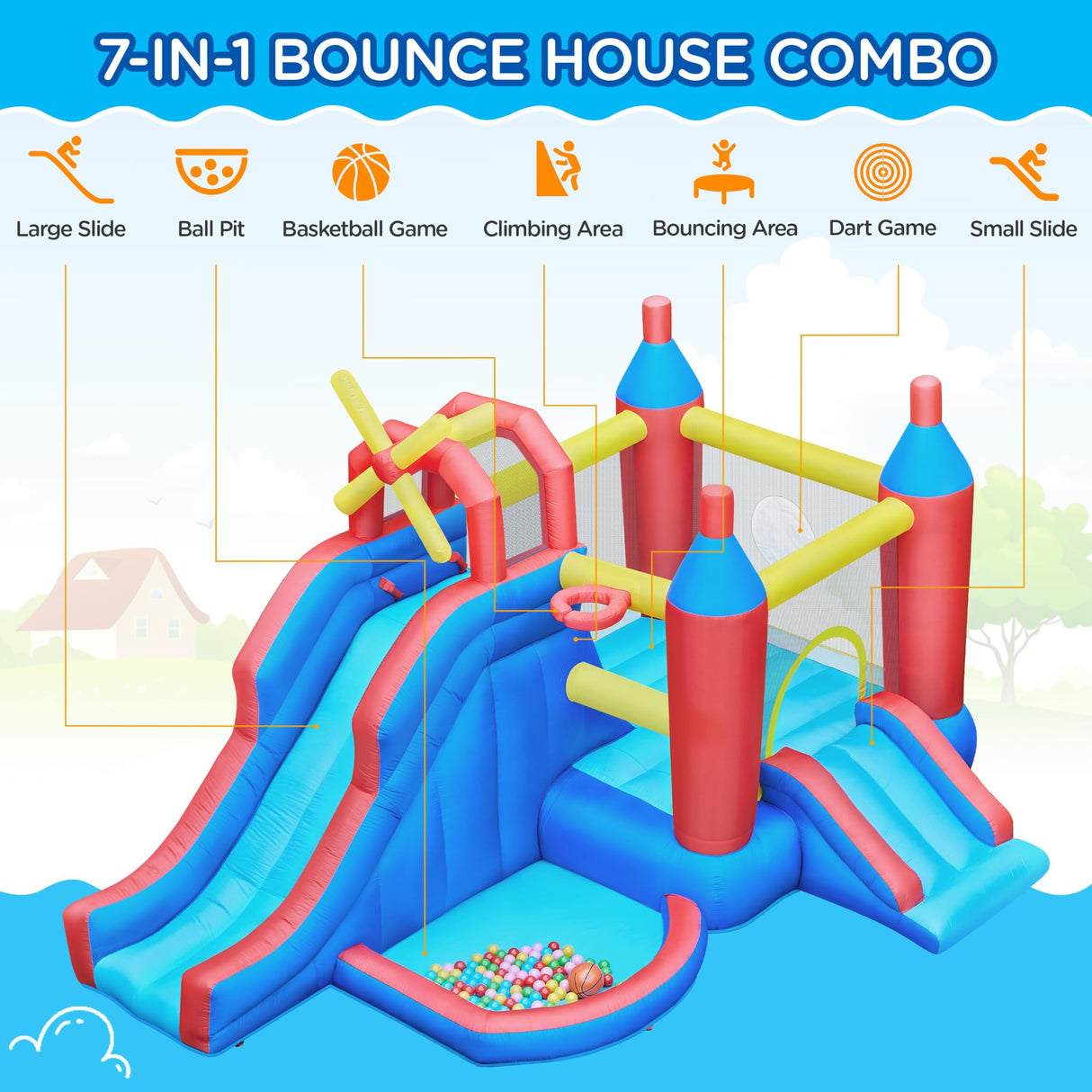 Yaheetech Inflatable Bounce House, 7-in-1 Bouncy Castle Combo w/Ball Pit & Bouncing Area & Slides & Basketball Game & Dart Game, Jump House for Kids Aged 3-10 w/Storage Bag & 470W Blower Yaheetech