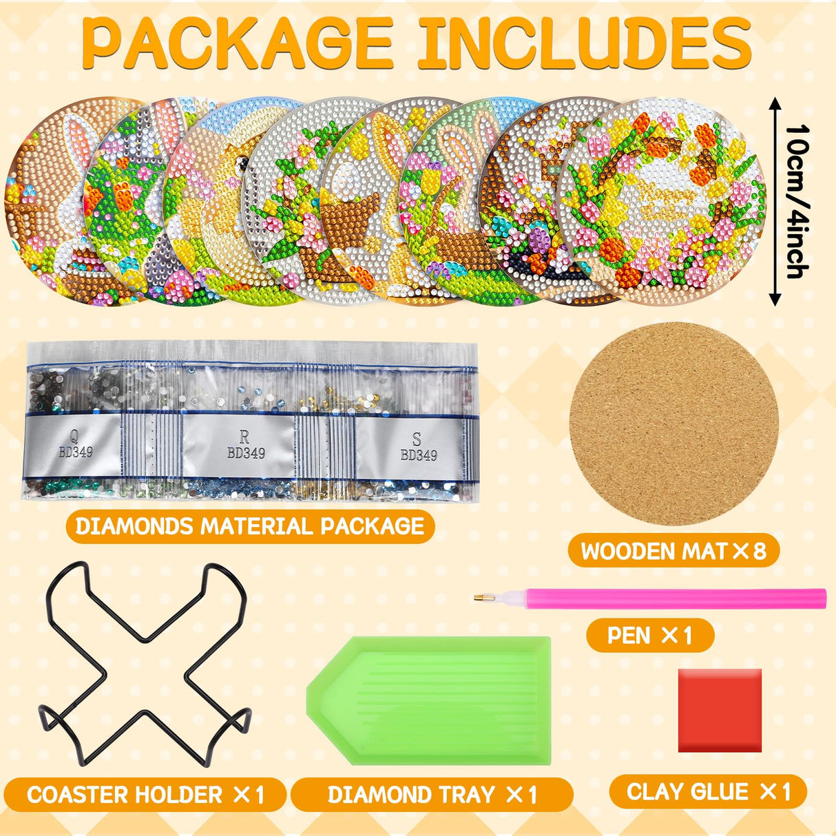 UPINS 8 Pieces Easter Diamond Art Coasters,Bunnies Diamond Art Coaster for Adults Diamond Kits Supplies for Spring Easter Gift UPINS