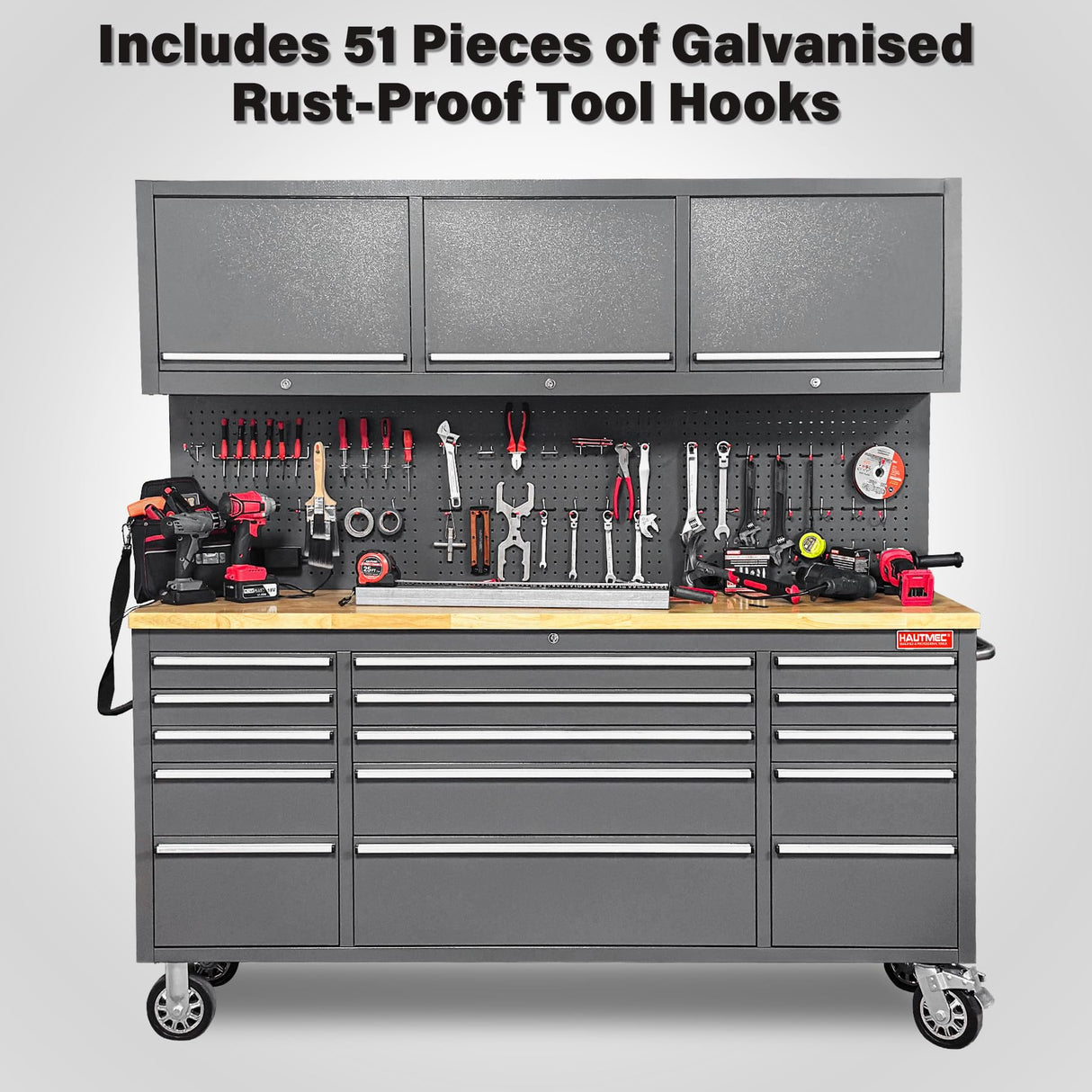HAUTMEC 72" Rolling Tool Chest, Mobile Garage Workbench, Heavy-Duty Tool Cabinet on Wheels with 15 Drawers, 3 Upper Cabinets, Pegboard & 51 Hooks, Oak Work Surface & Power Strip – HT0428 HAUTMEC