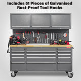 HAUTMEC 72" Rolling Tool Chest, Mobile Garage Workbench, Heavy-Duty Tool Cabinet on Wheels with 15 Drawers, 3 Upper Cabinets, Pegboard & 51 Hooks, Oak Work Surface & Power Strip – HT0428 HAUTMEC
