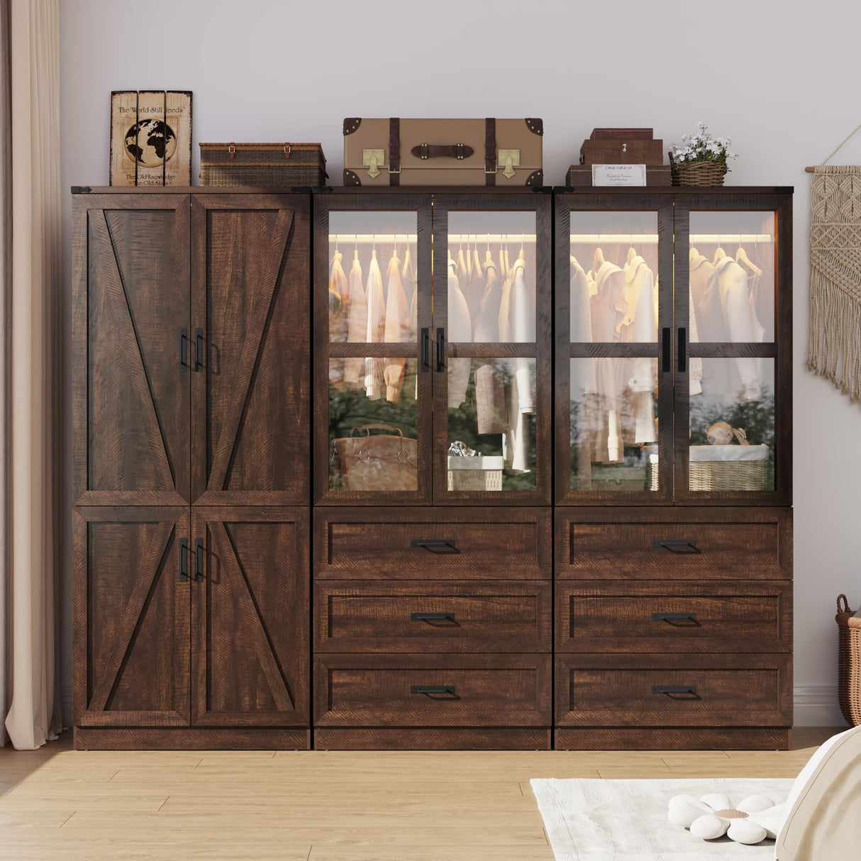 Hlivelood 75" Tall Farmhouse 6 Doors Armoire Wardrobe Closet with 6 Drawers and LED,Freestanding Closet Wardrobe Cabinet for Bedroom with Hanging Rod,Wooden Armoire Storage Cabinet(Brown 6 Doors 2) Hlivelood