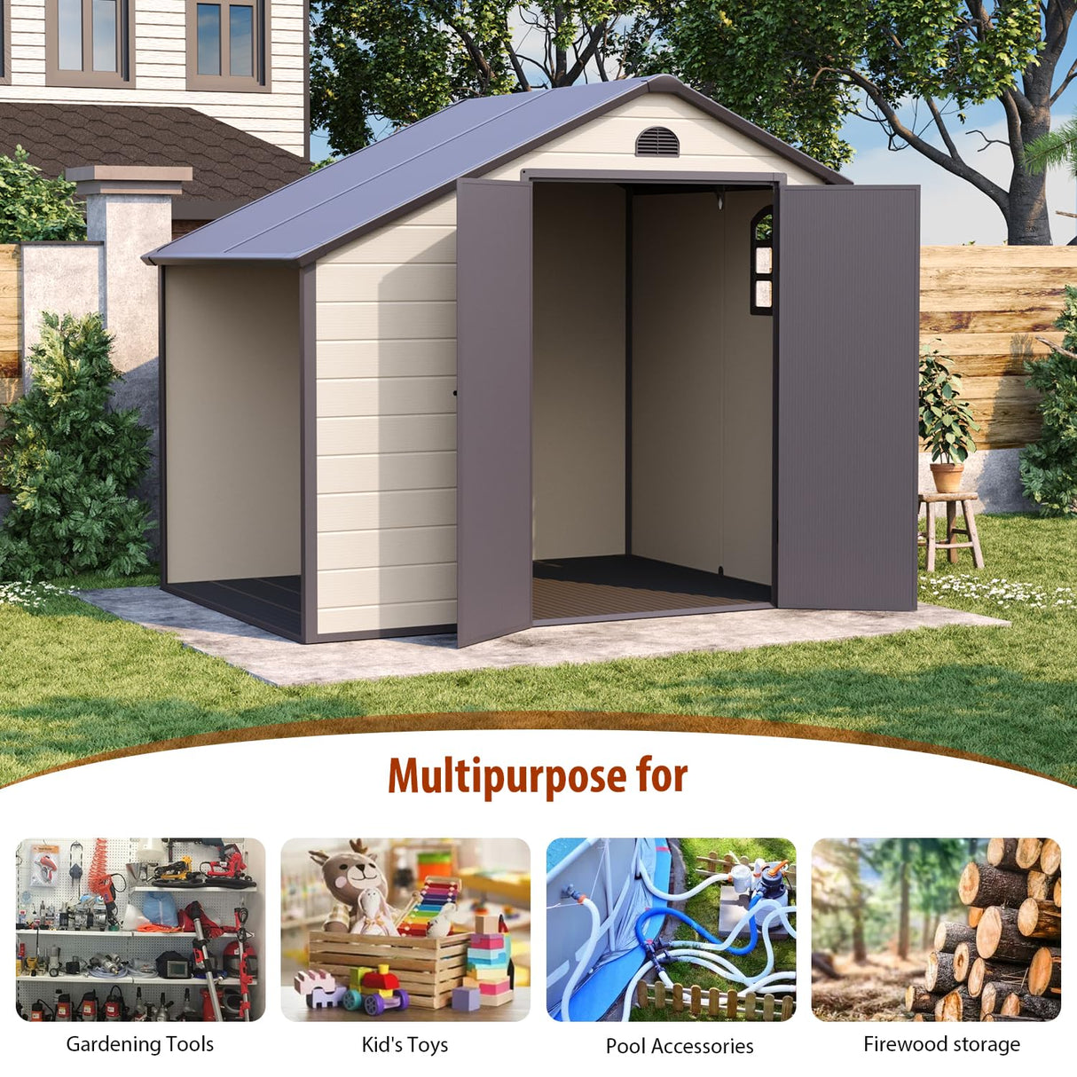 BIGoods 8.5 ft. W x 6.3 ft. D Resin Outdoor Patio Storage Shed with Firewood Rack, Floor and Lockable Door BIGoods