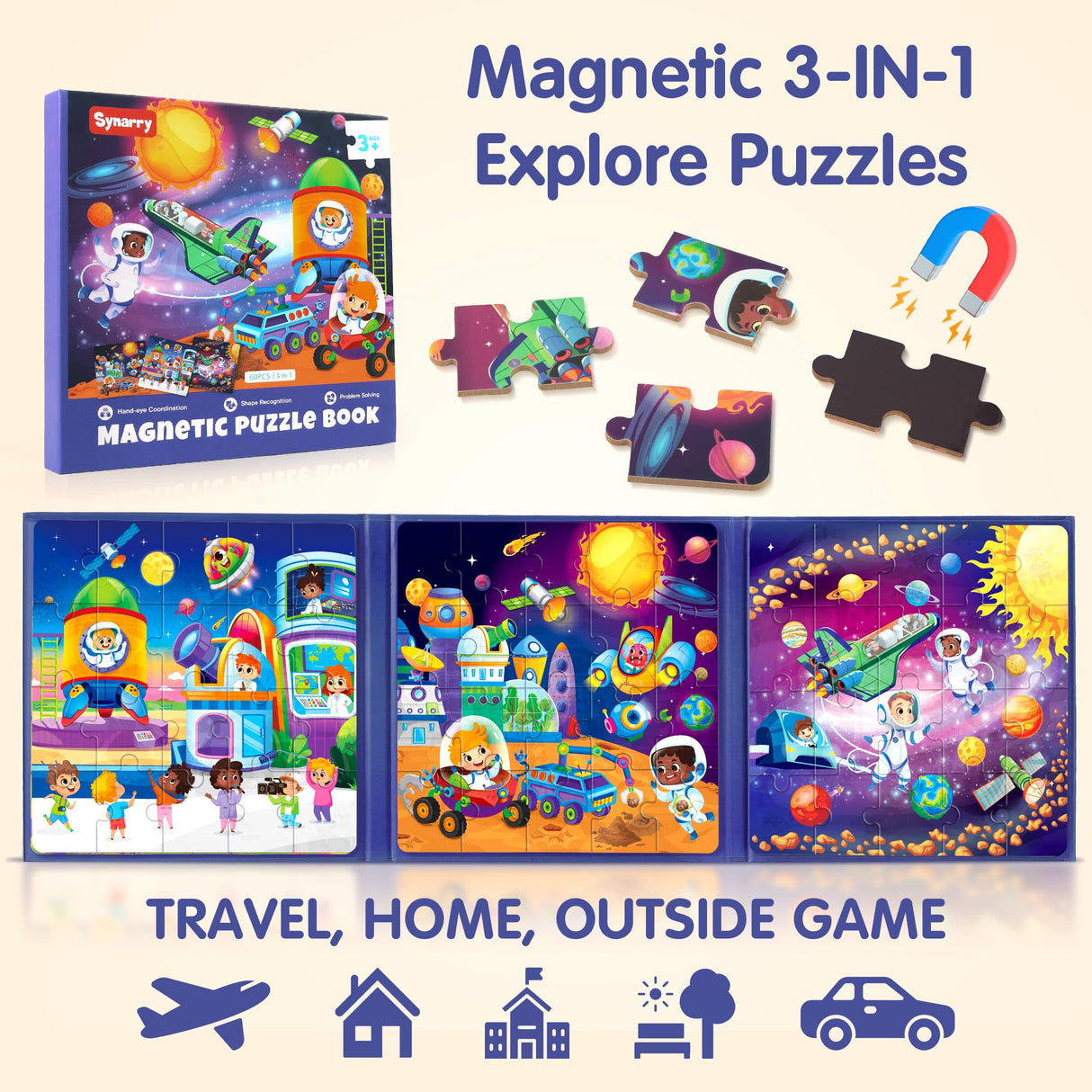 SYNARRY Magnetic Puzzles for Toddlers 3-5, Space Planets Solar System Puzzles for Toddlers 2-4, Travel Puzzles for Kids Ages 4-6 Car Airplane Road Trip Activities Games Gifts Toys for 3 4 5 6 Year Old SYNARRY