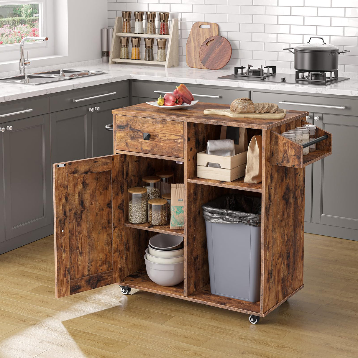 HOOBRO Kitchen Island, Storage Cabinet with Drawer, Kitchen Cart with Spice and Towel Rack, Saving Space, Easy Assembly, for Living Room, Rustic Brown BF12ZD01 HOOBRO