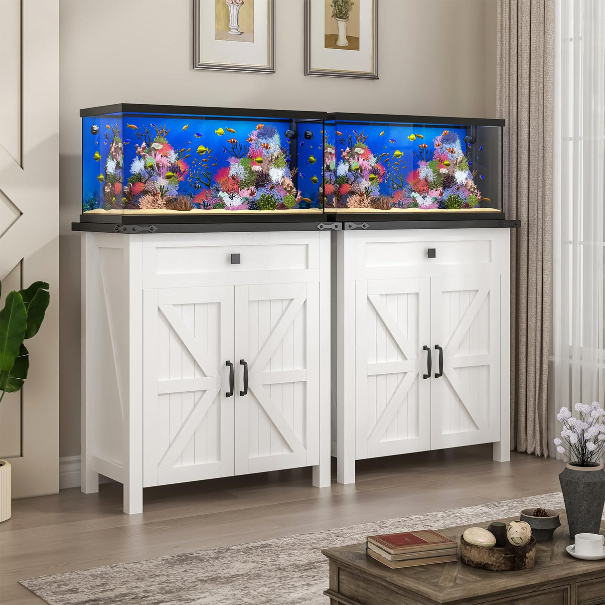 Suadism 20 Gallon Aquarium Stand With Charging Station, Farmhouse Fish Tank Stand, Reptile Tank Stand Terrarium Stand with Drawer and Cabinet Storage, Sturdy Heavy Duty 27.6"×15.7" Tabletop - White Saudism