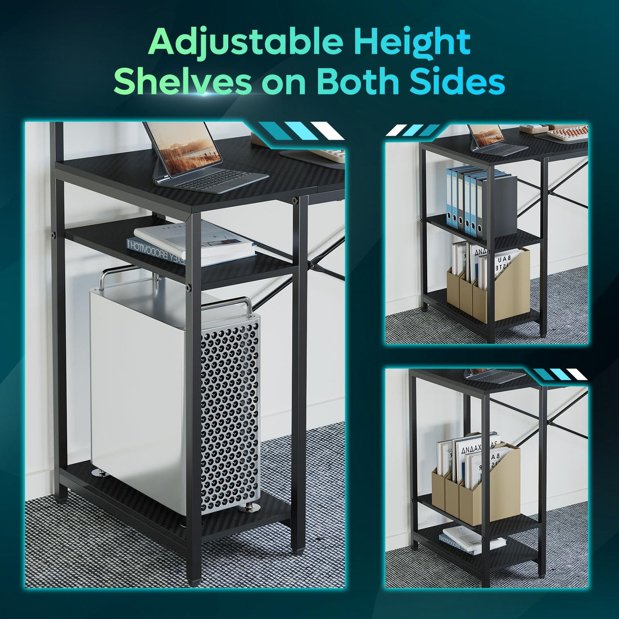 Bestier 55 inch Gaming Desk with Power Outlets & LED Lights, Computer Desk with Monitor Stand & Adjustable Shelves, Home Office Desk with Cup Holder & Hook, Black 3D Carbon Fiber Bestier