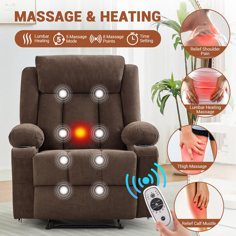 Oversized Recliner Chair,Classic and Traditional Manual Recliner Chair With Vibration Massage and Heat, Comfy Overstuffed Deep Seat Sofa With Side Pockets, Front Pockets and Cup Holder for Living Room Takywep