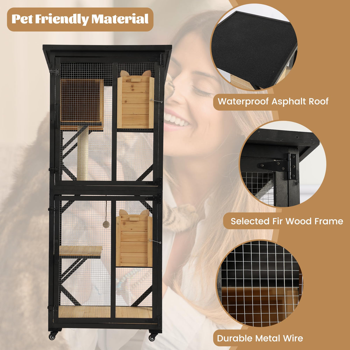 MAGIC UNION 71" Catio Outdoor Cat Enclosure Window Access, 4 Tiers Cats Playpen Catio with Wheels, Resting Box & Waterproof Roof, Indoor Large Cat House Cage with Scratching Post Sisal Ball (Black) MAGIC UNION