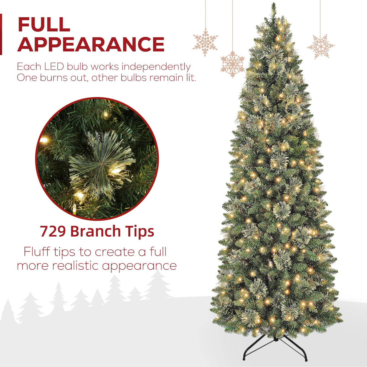 Hykolity 7.5 ft Prelit Artificial Pencil Slim Christmas Pine Tree with 792 PVC Branch Tips, 300 Warm White LED Lights, Metal Stand and Hinged Branches, Perfect for Home, Decoration hykolity