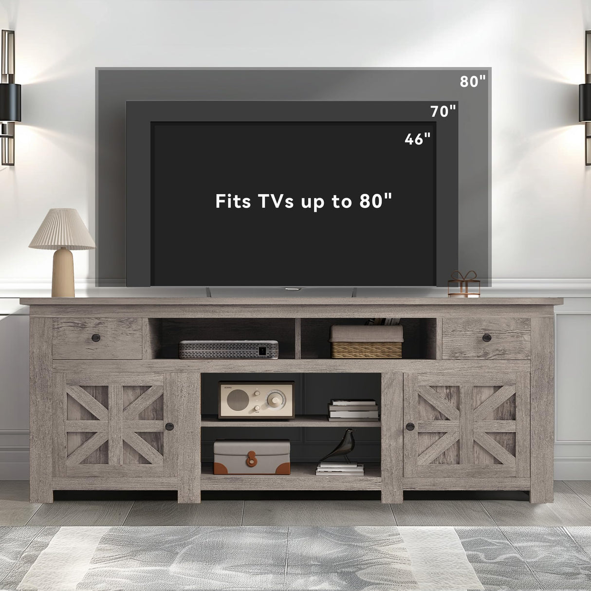 DWVO Farmhouse TV Stand for 75 Inch TV, Entertainment Center with Storage Cabinets, Media Console, TV Table with Drawers, TV Stands for Living Room, Grey Oak DWVO