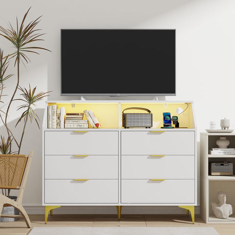 LOUVIXA 6 Drawer Dresser with LED Light, Chest of Drawers with Charging Station, Large Double Dressers, Wooden Dressers for Bedroom, Living Room, Entryway, Hallway (White) LOUVIXA
