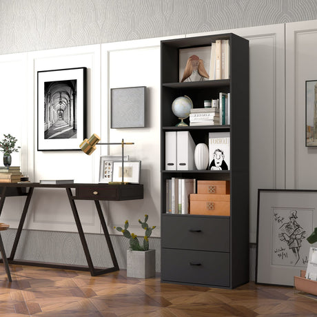 CHEFJOY 4-Tiers Bookcase, 74” Tall Book Shelf Craft Storage Cabinet with 2 Slide Drawers & 4 Open Shelves, Modern Wood Craft Book Shelf for Bedroom, Living Room (Black) CHEFJOY