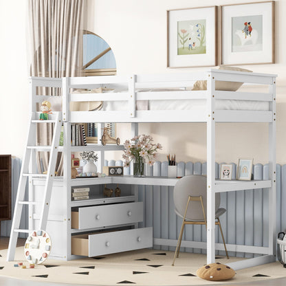 MERITLINE Twin Loft Bed with Desk, Storage Drawers and Shelves in White - WoodArtSupply