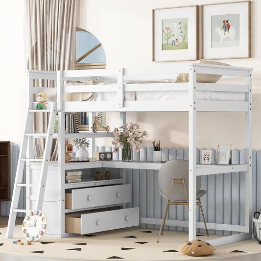 MERITLINE Twin Loft Bed with Desk, Storage Drawers and Shelves in White - WoodArtSupply