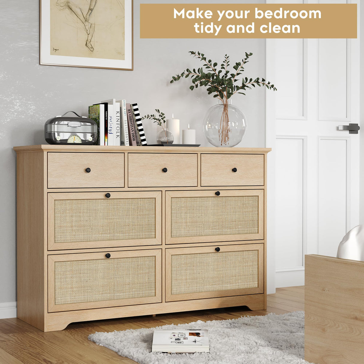 Brafab Mid-Century Natural Rattan Dresser with 7 Drawers, Elegant Cane Dresser for Bedroom Wooden, Modern Boho Long Dressers Drawer Dresser TV Stand with Sturdy Stand for Living Room, Nursery Brafab