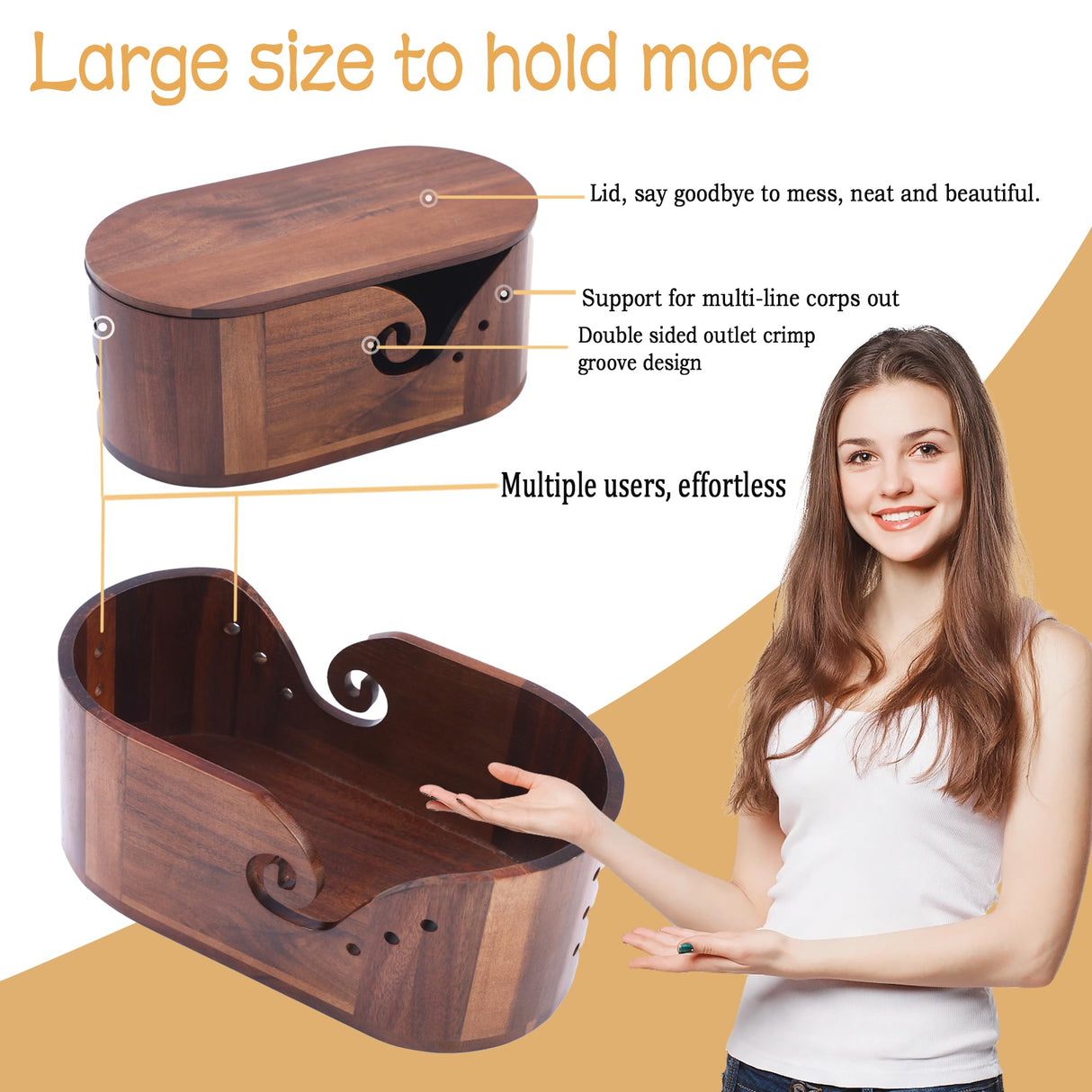 Blinrfilal Large Oval Wooden Yarn Bowls For Knitting , Acacia Yarn Holder ,Double Curling Slot Crochet Yarn Bowl With Lid,Preventing tangles,Ideal Gifts Set For Knitters Blinrfilal