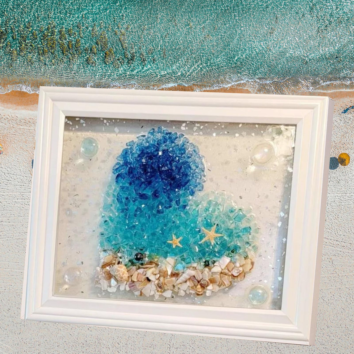SZHTSWU DIY Photo Frame Kit, Heart Mosaic Arts Craft Kit with Resin Beach Stained Sea Glass Art and Photo Frame for Adults Home Decoration SZHTSWU