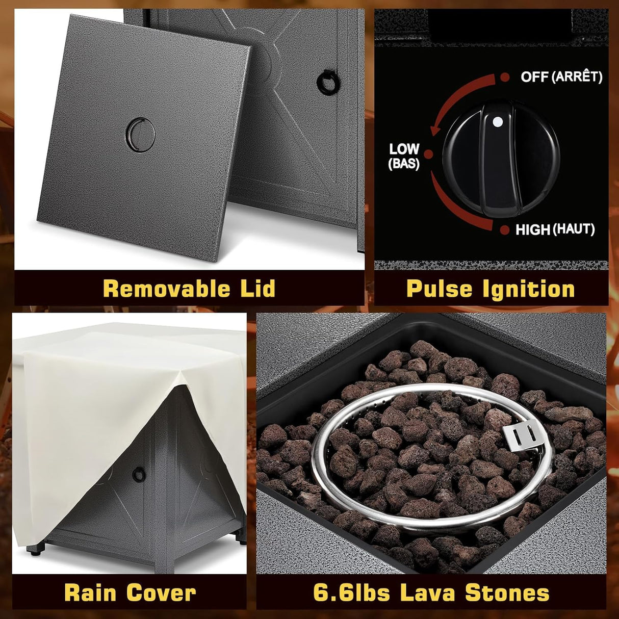 ZAFRO 28" Fire Pit Table, 40000 BTU Propane Fire Pit Table with Lid,Rain Cover and 3 Pounds Lava Stones for Outdoor Backyard, Courtyard ZAFRO