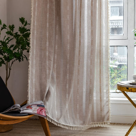 Linen Curtains 108 Inches Long for Living Room 2 Panels Set, Embroidery Farmhouse Curtains Tassel Boho Curtains for Bedroom Light Filtering Window Curtains Rod Pocket Drapes (52" W x 108" L,Khaki) BCLBUSTE