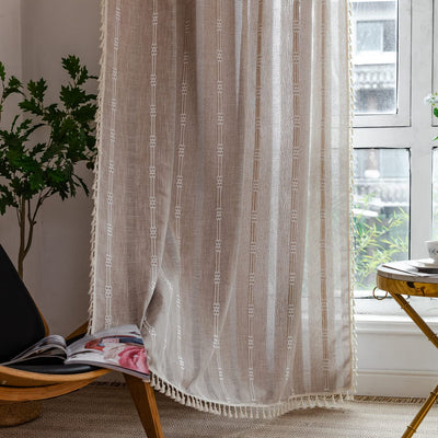 Linen Curtains 108 Inches Long for Living Room 2 Panels Set, Embroidery Farmhouse Curtains Tassel Boho Curtains for Bedroom Light Filtering Window Curtains Rod Pocket Drapes (52" W x 108" L,Khaki)